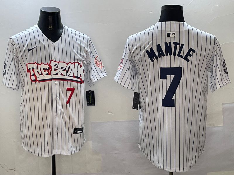 Men New York Yankees 7 Mantle White Stripe four generations Joint Name 2025 Nike MLB Jersey style 6